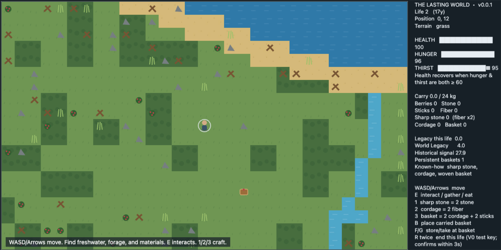 The current Lasting World survival game: a player exploring green terrain near a beach, ocean, freshwater, forests, resources, and a survival HUD.